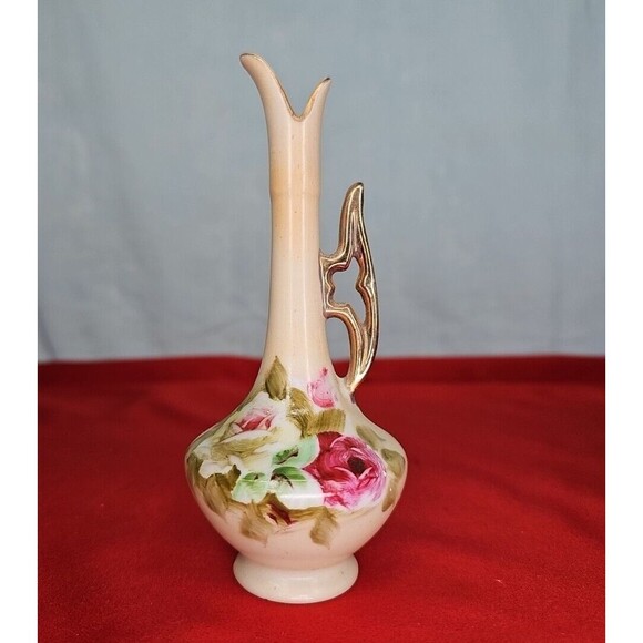 Lefton Bud Vase 1862 Hand Painted Flowers Gold Handle 5.5'' Signed VTG Ewer - Picture 1 of 8